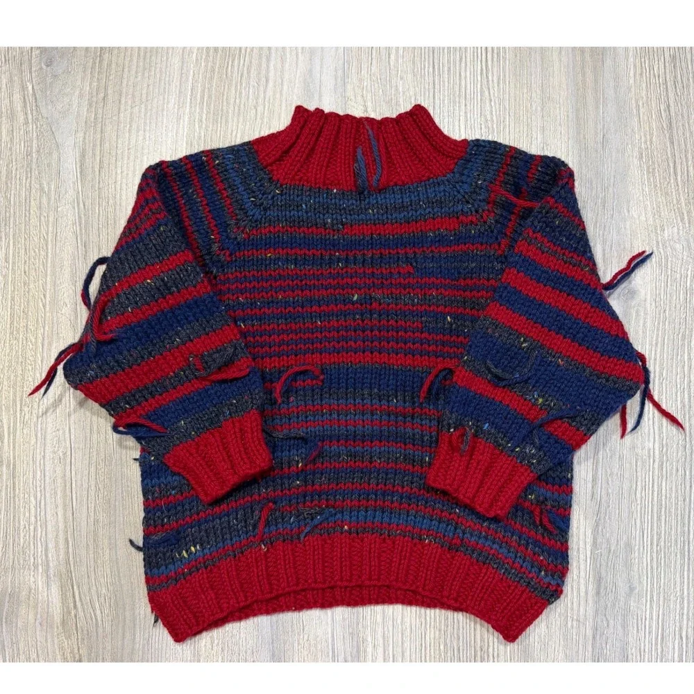 Handmade Kids Knit American Flag Sweater Red Blue Striped Distressed Grannycore